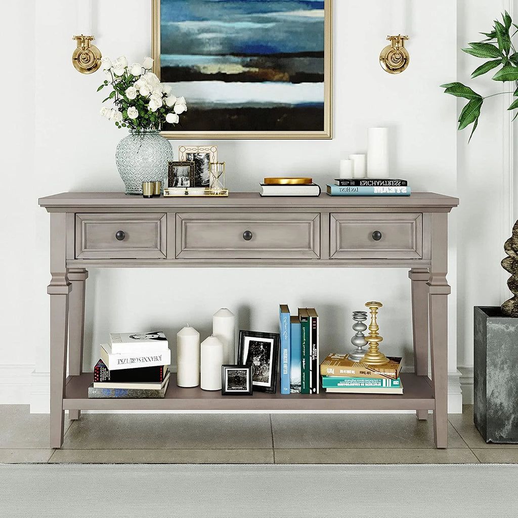 50" Gray Wash Console Table with 3 Drawers and Bottom Shelf E572