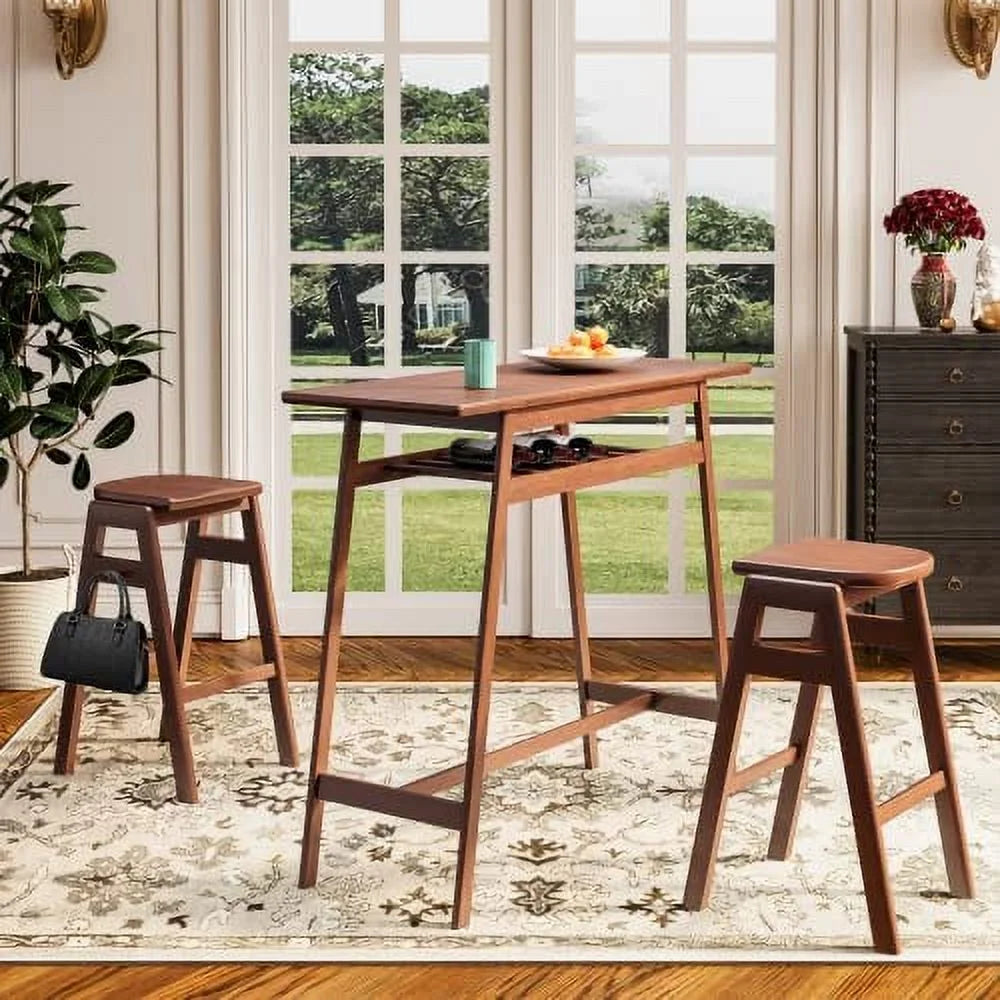 3 PCS Pub Dining Set Rubber Wood Stackable Backless High Stool with Shelf and Hooks H8399