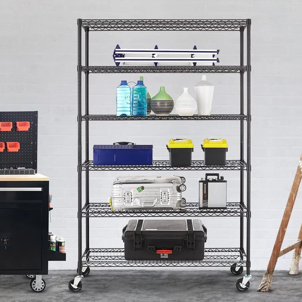 6000LBS Capacity 6 Tier Metal Shelves with Wheels, Black E8308