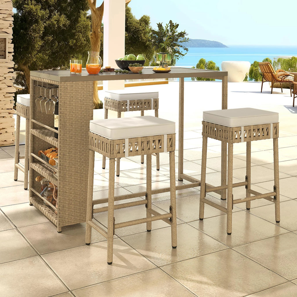 Beige 5 Piece Rattan Wicker Bar Set with 4 Bar Stools V6365
