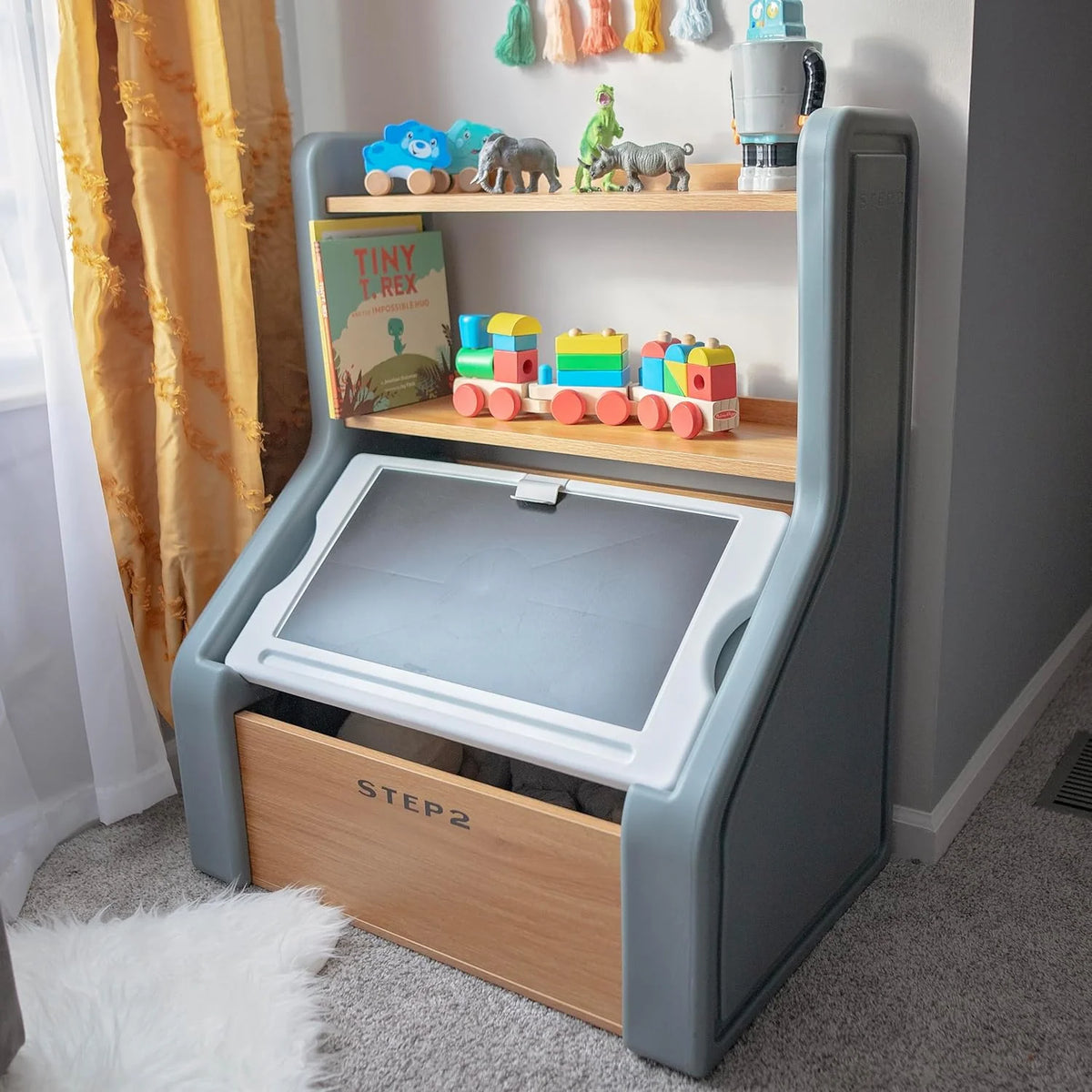 Wood and Plastic Toy Storage Box with Chalkboard Lid Q893322