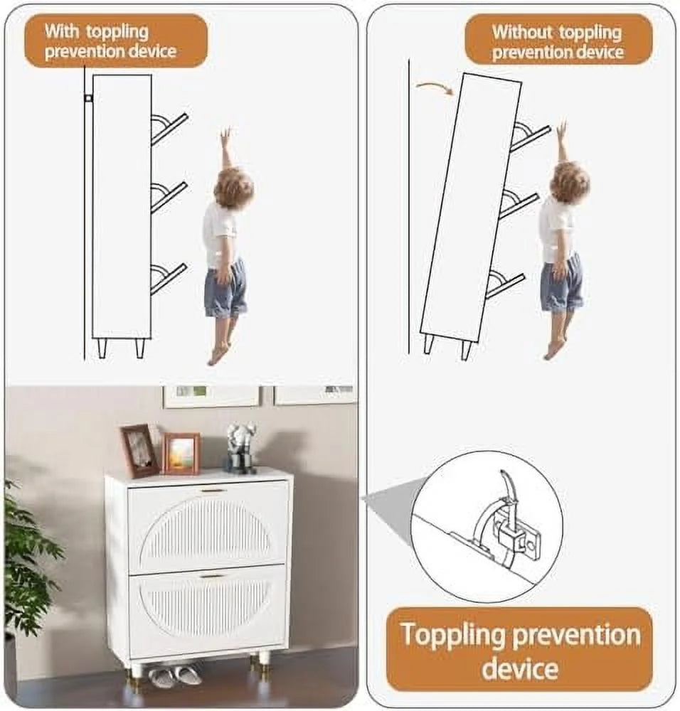 White 2 Flip Drawers Slim Shoe Cabinet S744