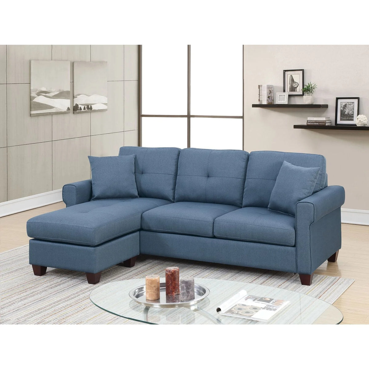 2 Piece Fabric Compact Sectional Sofa Set in Blue O3776