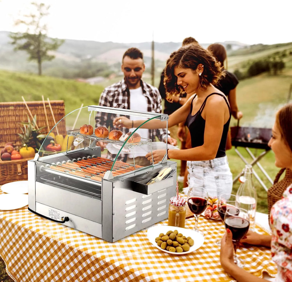 2000W 11 Rollers Hot Dog Roller Grill Cooker Machine with Bun Warmer A6394