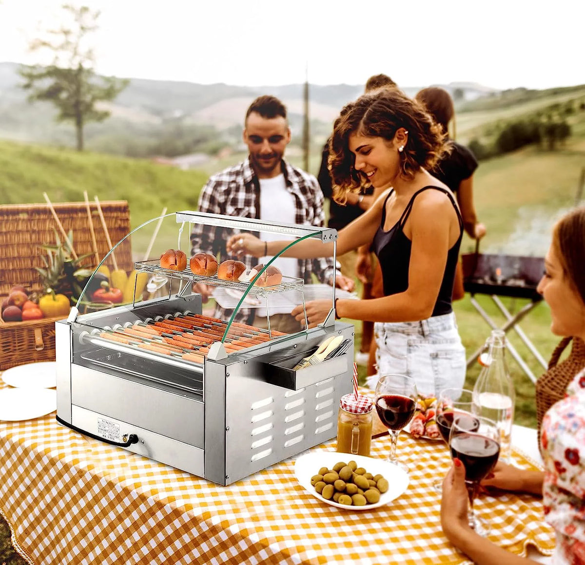 2000W 11 Rollers Hot Dog Roller Grill Cooker Machine with Bun Warmer A6394