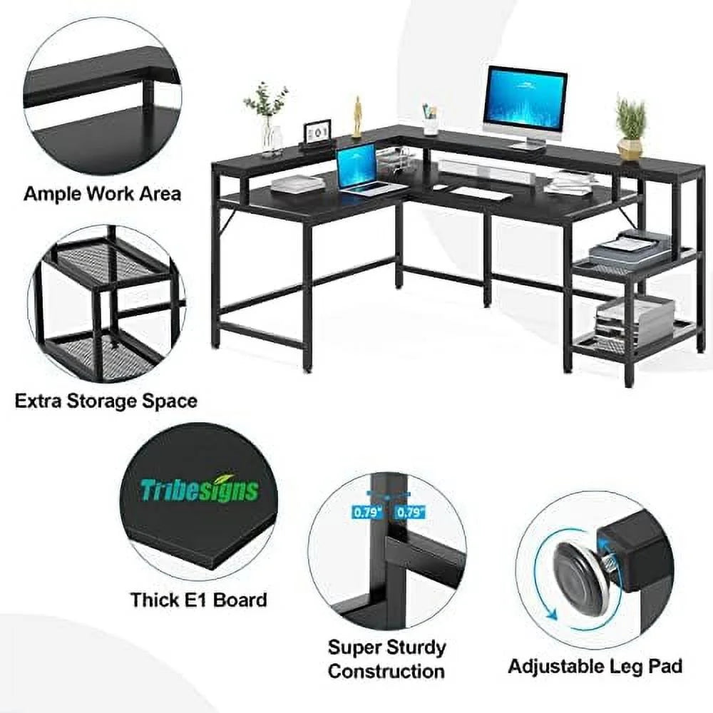 69 Inch L Shaped Desk with Monitor Stand Black H902