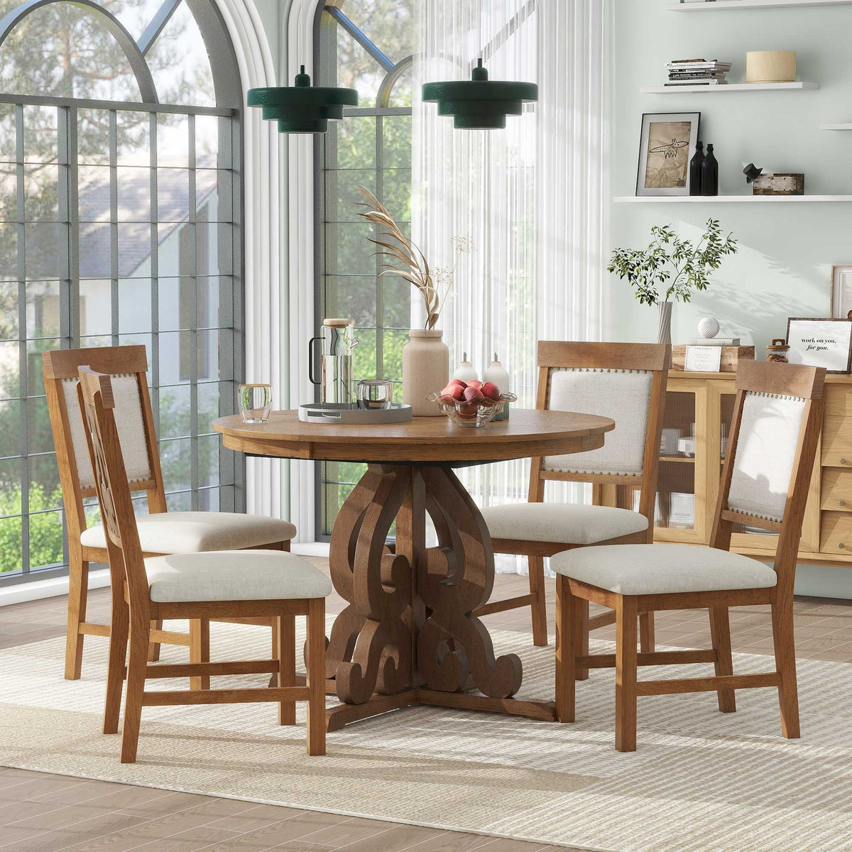 Extendable Round Dining Table Set for 4 with Upholstered Chairs T40952