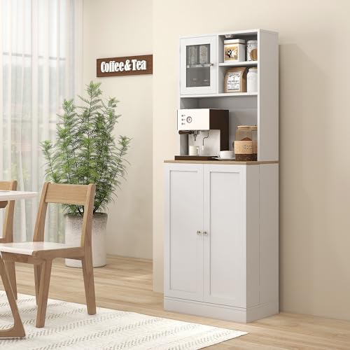 White Kitchen Pantry Cabinet with Microwave Shelf and 8 Door Storage S5929