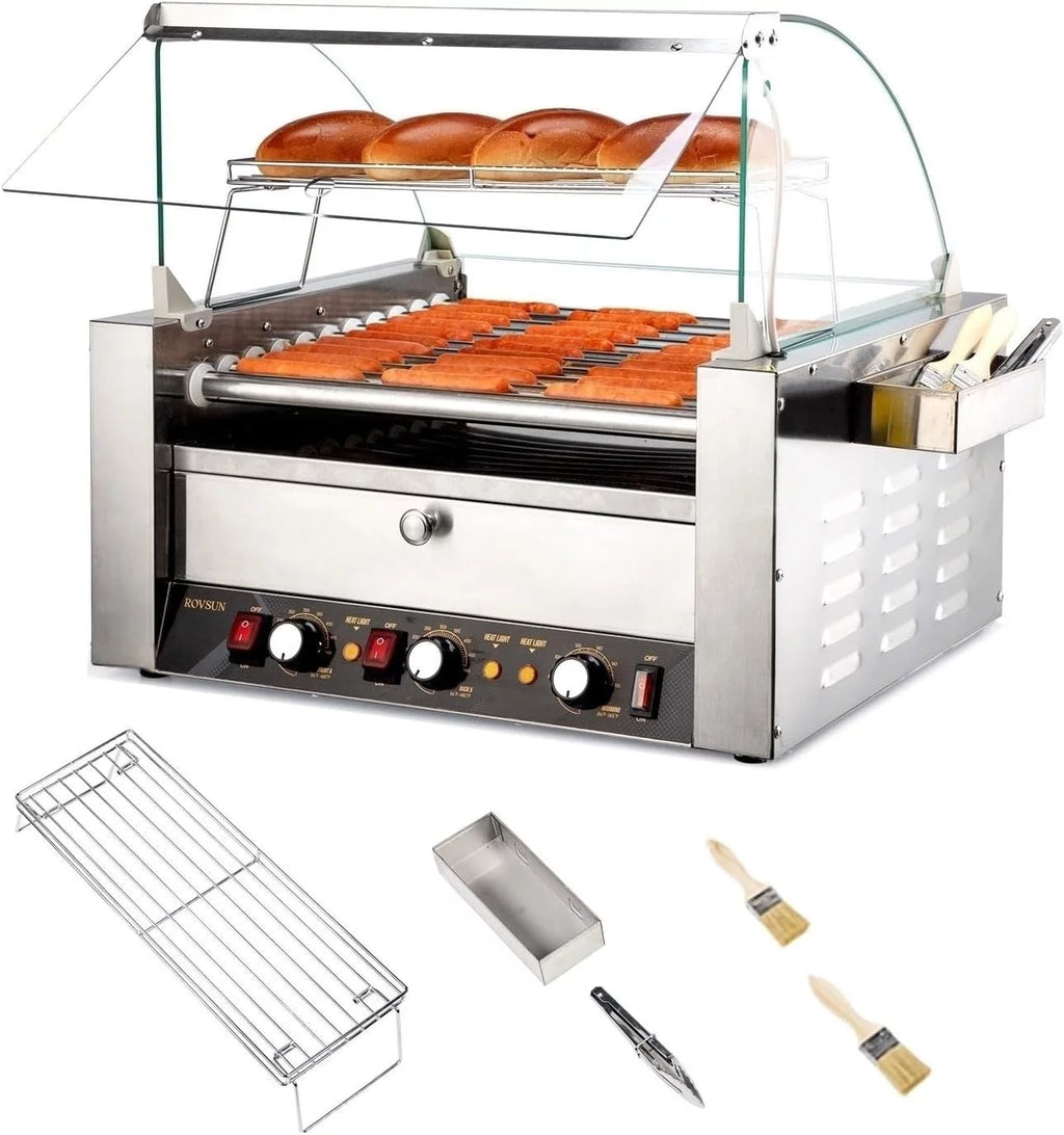 2000W 11 Rollers Hot Dog Roller Grill Cooker Machine with Bun Warmer A6394
