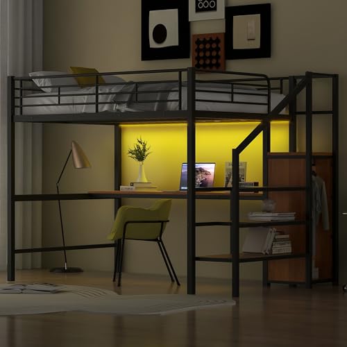 White Queen Loft Bed with Desk and Stairs L45636