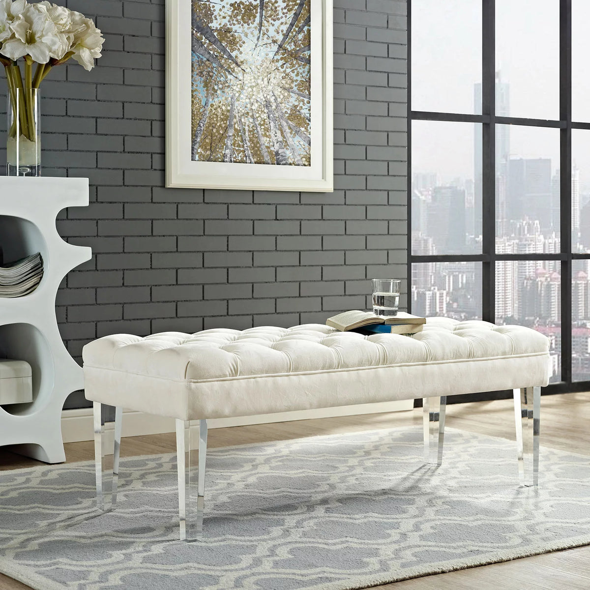 White Ivory Fabric Velvet Bench M95589