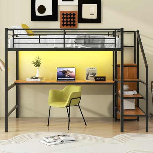 White Queen Loft Bed with Desk and Stairs L45636