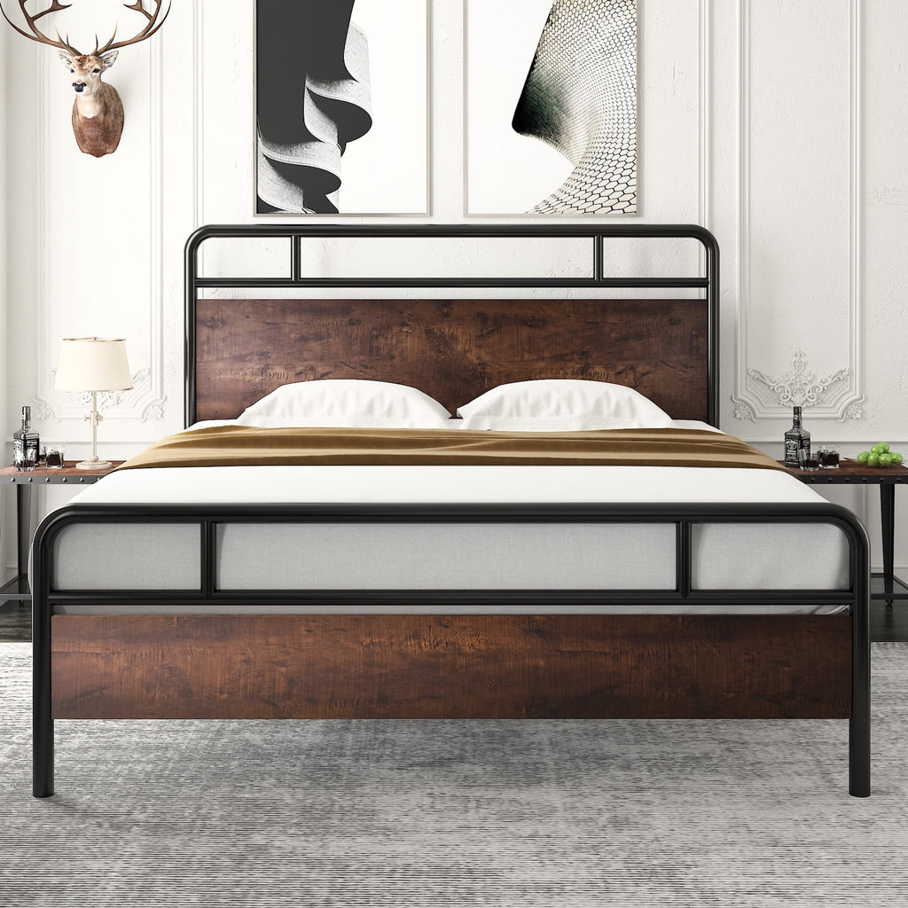 Full Size Metal Platform Bed Frame with Wood Headboard F889353
