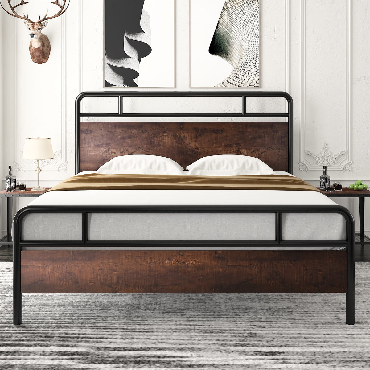 Full Size Metal Platform Bed Frame with Wood Headboard F889353