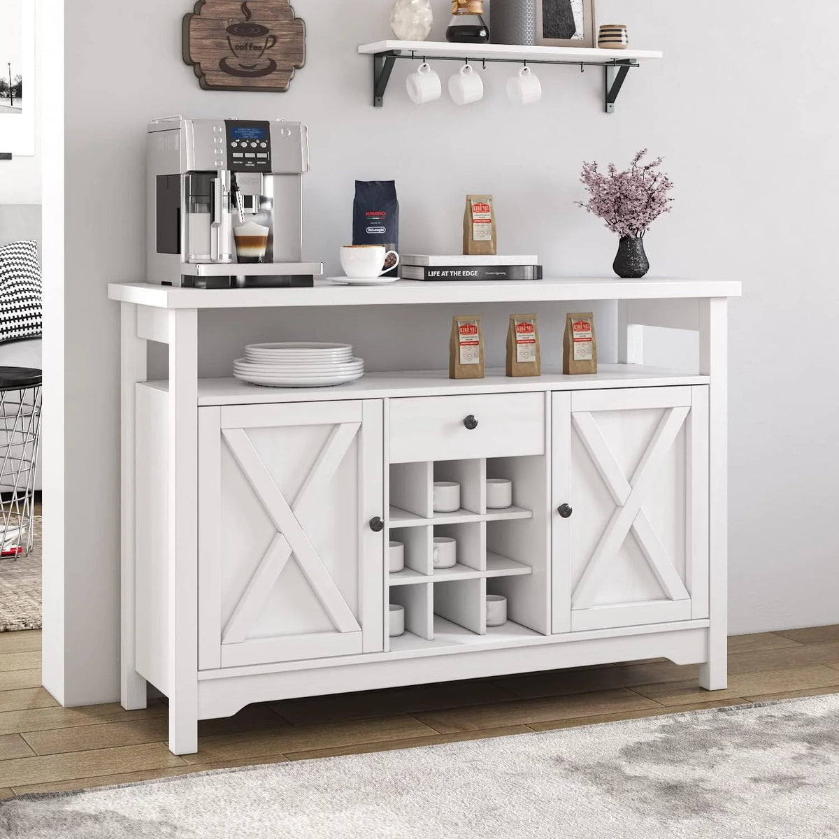 White Coffee Bar Cabinet with 9 Wine Racks N734