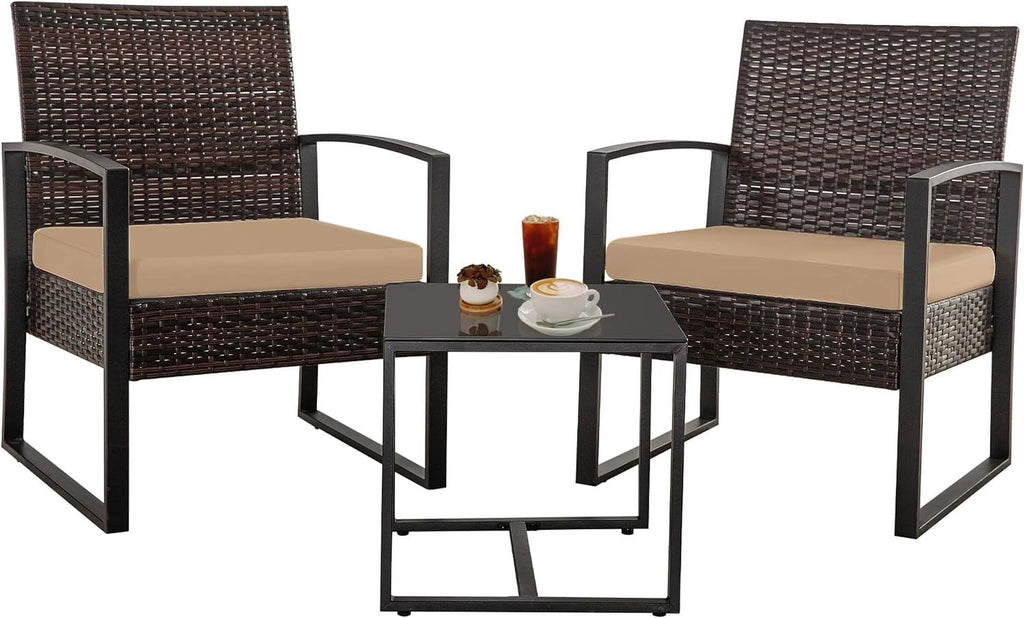 3 Pieces Wicker Patio Furniture Set with Glass Coffee Table T6025