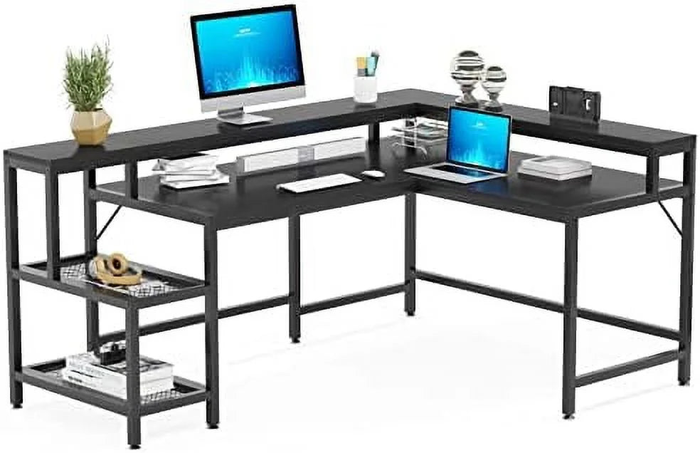 69 Inch L Shaped Desk with Monitor Stand Black H902