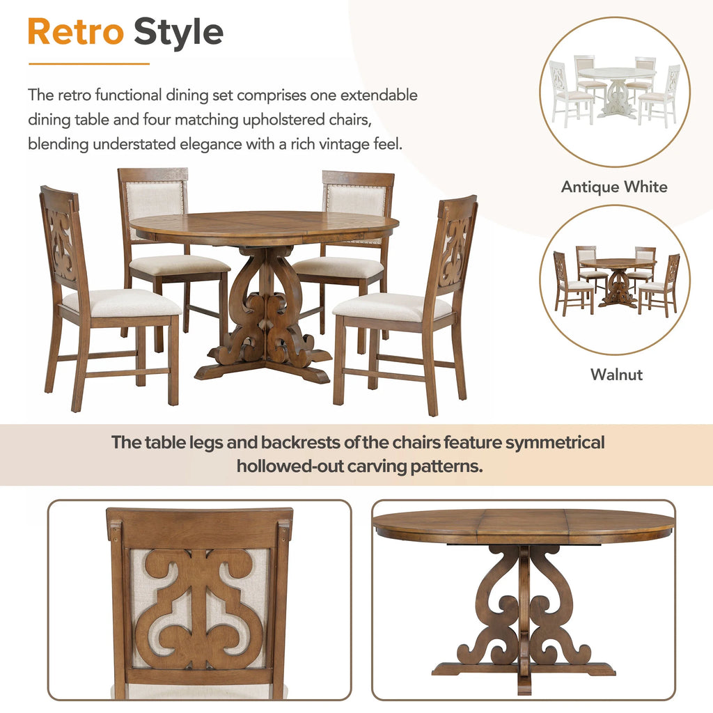 Extendable Round Dining Table Set for 4 with Upholstered Chairs T40952