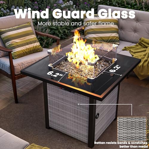 28" Square Propane Outdoor Fire Pit Table with Glass Wind Guard R229