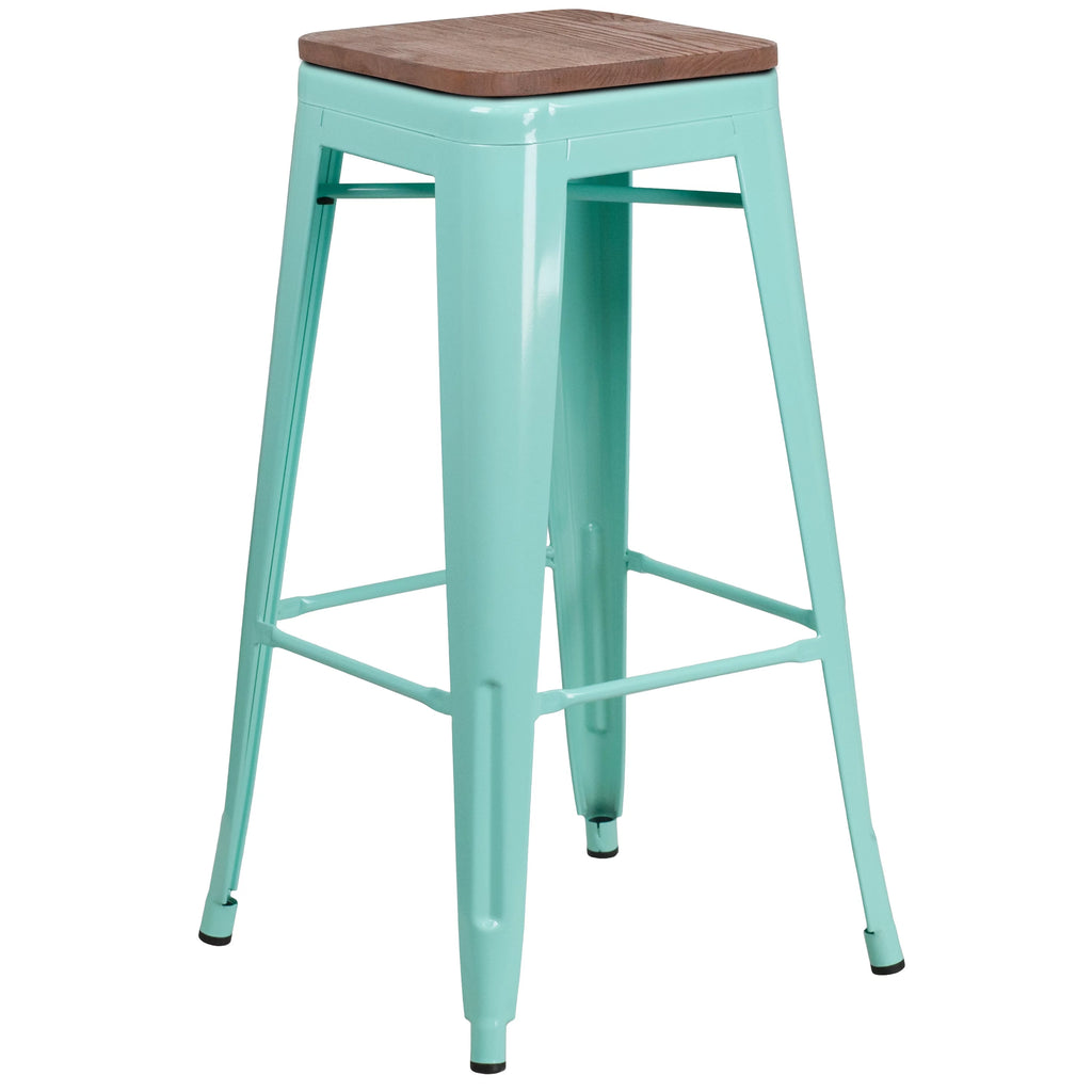 Backless Mint Green Barstool with Wood Seat E9884