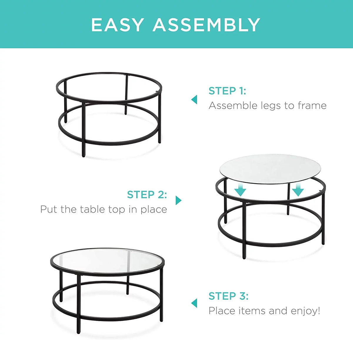 36in Round Tempered Glass Coffee Table with Metal Frame N983482