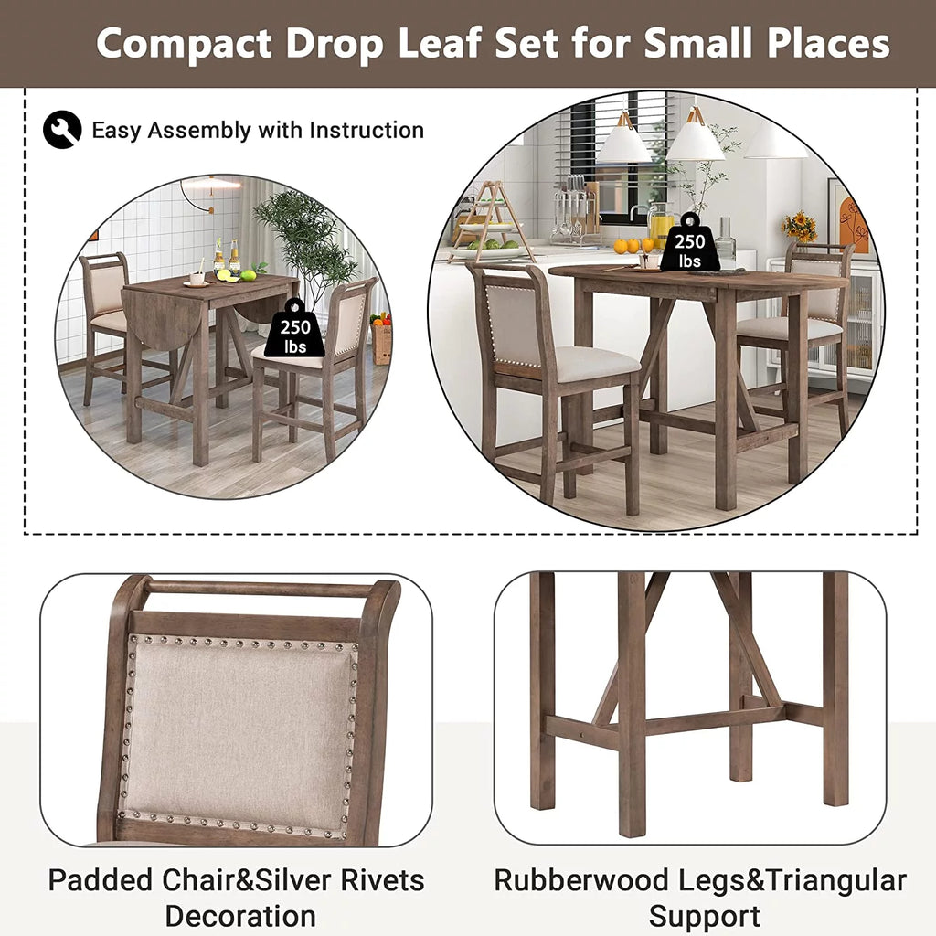 3-Piece Wood Counter Height Dining Table Set with 2 Upholstered Chairs and Drop Leaf Z506391