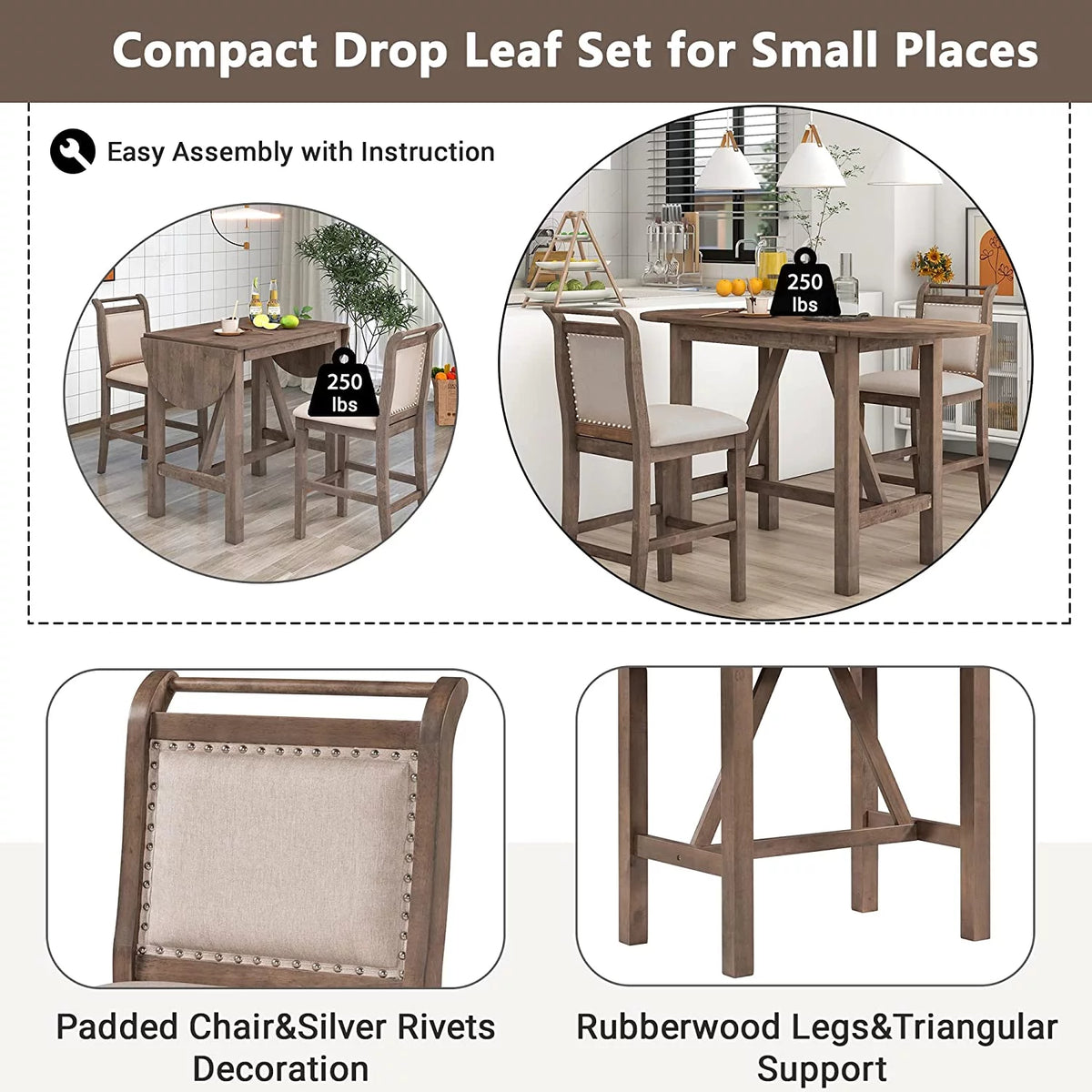 3-Piece Wood Counter Height Dining Table Set with 2 Upholstered Chairs and Drop Leaf Z506391
