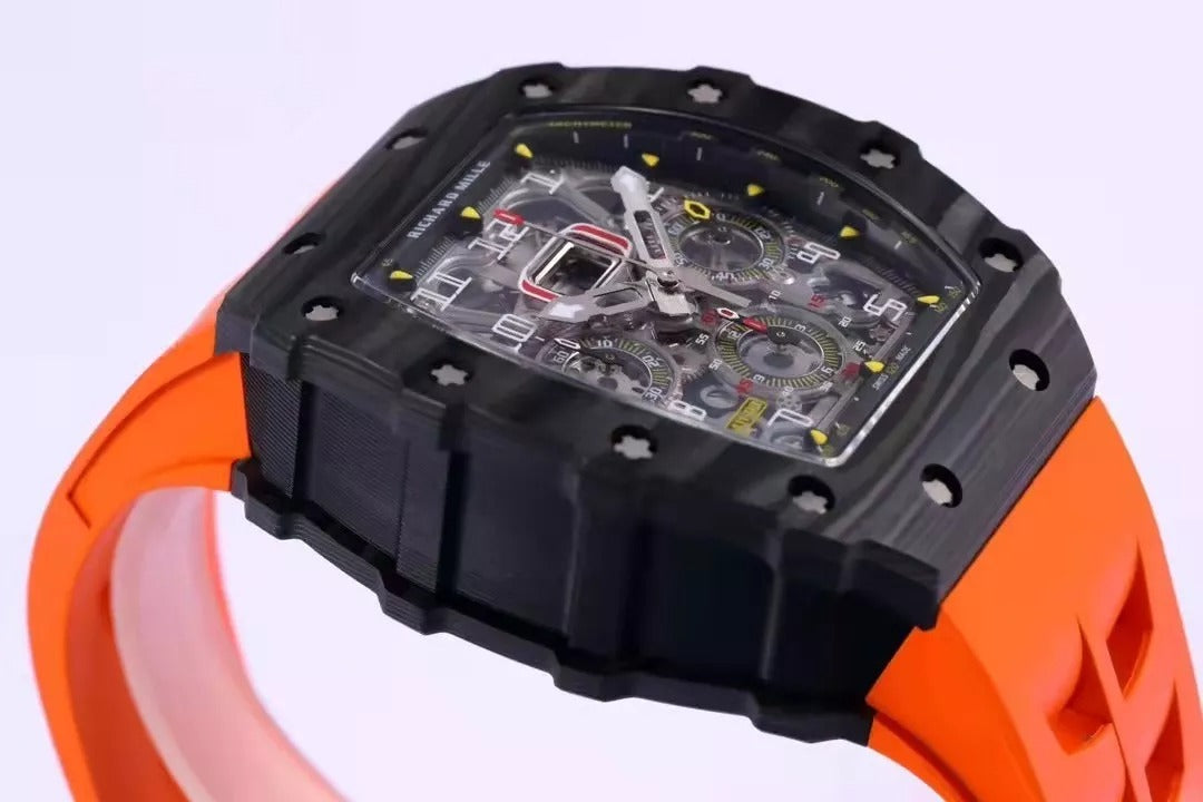 Skeleton Dial Black Bezel Orange Rubber Strap R82308