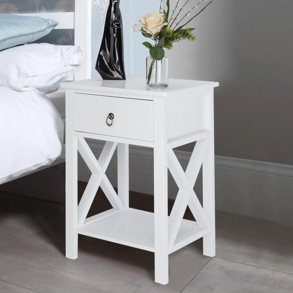 Set of 2 White Wood Nightstand with A Drawer P13992
