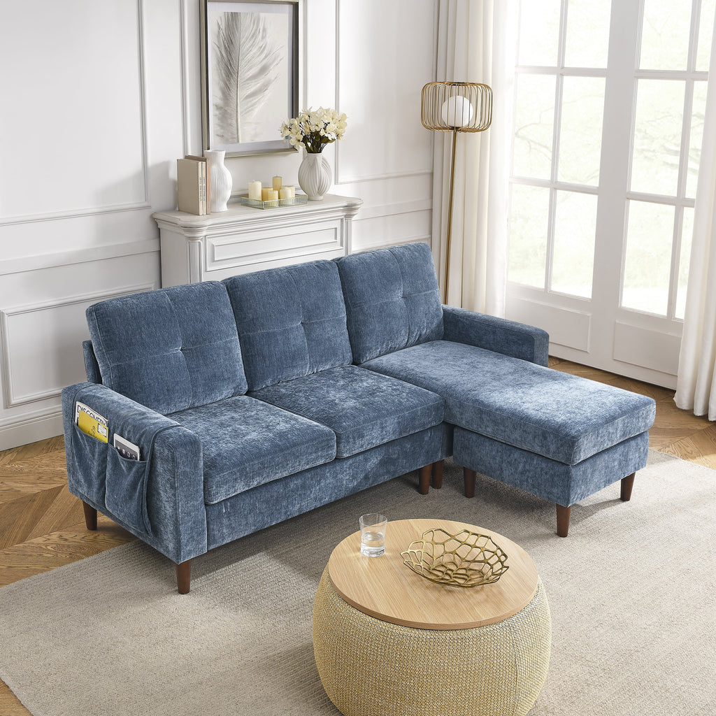 80" Convertible Sectional Sofa Couch, 3 Seats L-shape Sofa with Removable Cushions and Pocket, Rubber Wood Legs, Navy Chenille J778