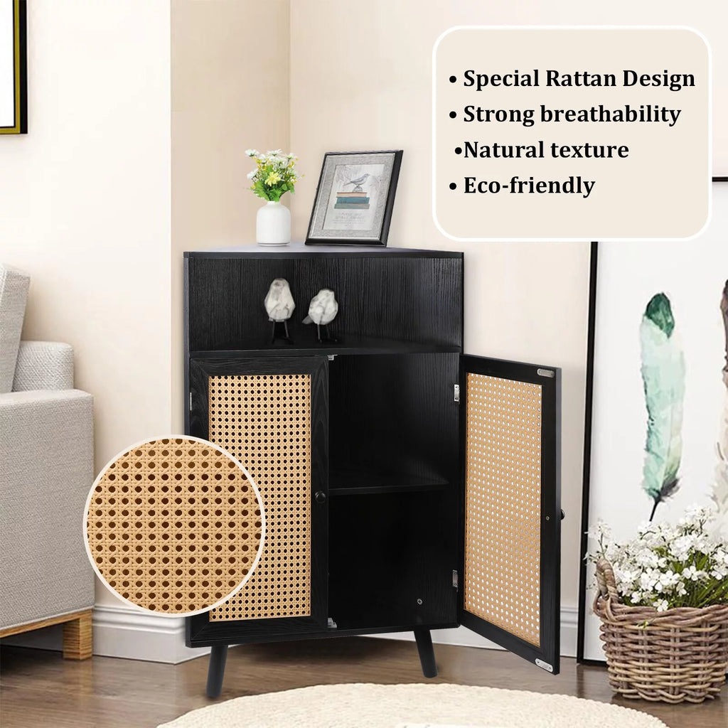 35" Tall Black Rattan Corner Storage Cabinet with Doors M59275
