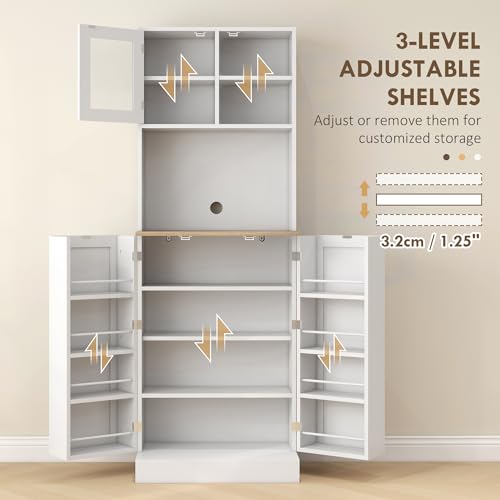 White Kitchen Pantry Cabinet with Microwave Shelf and 8 Door Storage S5929