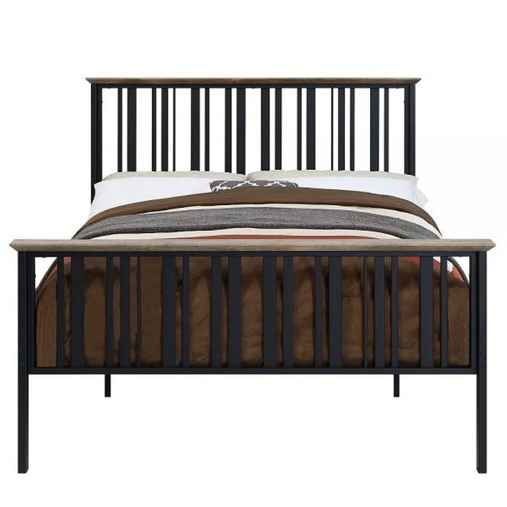 Full Bed with Slatted Metal Frame, MDF Wood, Oak Brown and Black A979196