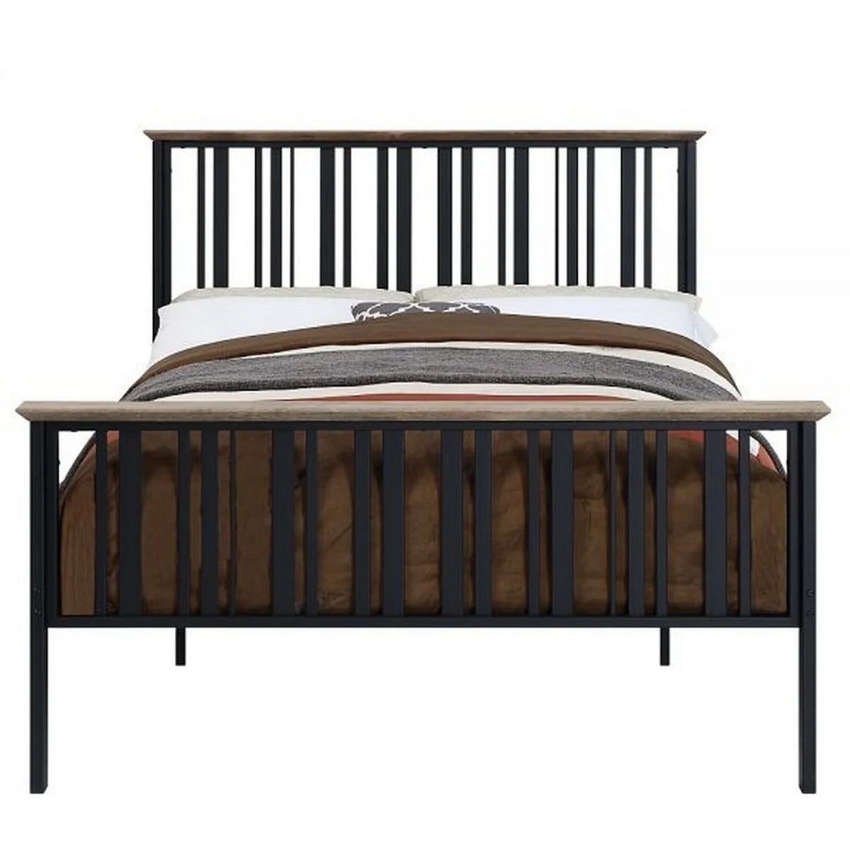 Full Bed with Slatted Metal Frame, MDF Wood, Oak Brown and Black A979196
