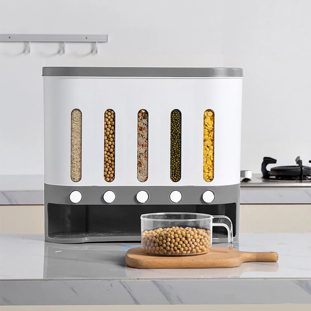 Wall Mounted 5 Grid Dry Food Dispenser with Measuring Cup B49950