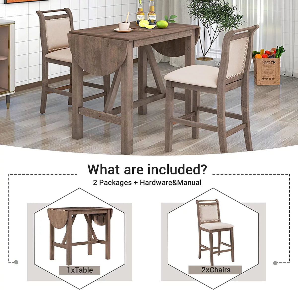 3-Piece Wood Counter Height Dining Table Set with 2 Upholstered Chairs and Drop Leaf Z506391