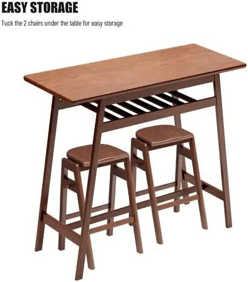 3 PCS Pub Dining Set Rubber Wood Stackable Backless High Stool with Shelf and Hooks H8399