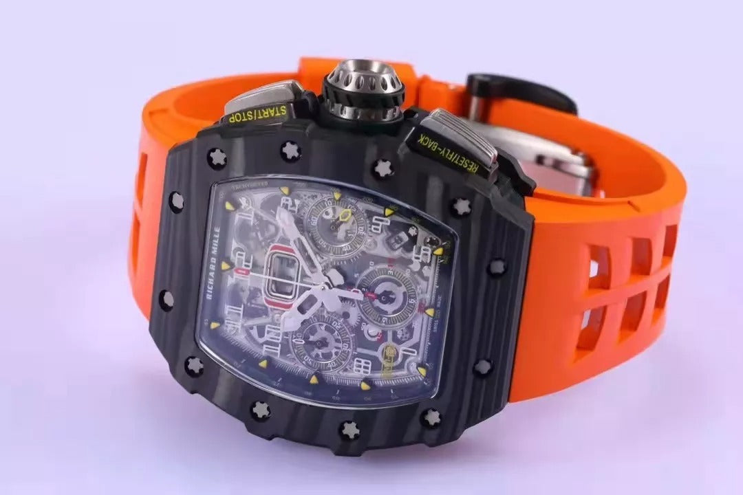Skeleton Dial Black Bezel Orange Rubber Strap R82308