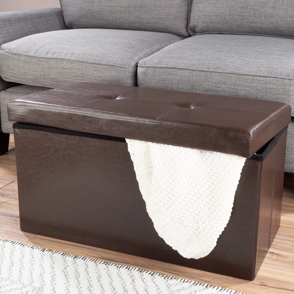 Brown Faux Leather Folding Storage Ottoman with Removable Bin X298597
