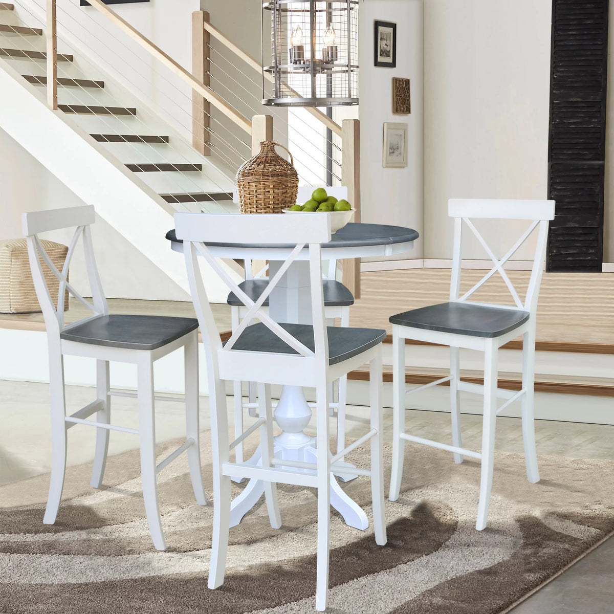 36" Round Solid Wood Extension Dining Table with 4 Bar Height Stools W29190