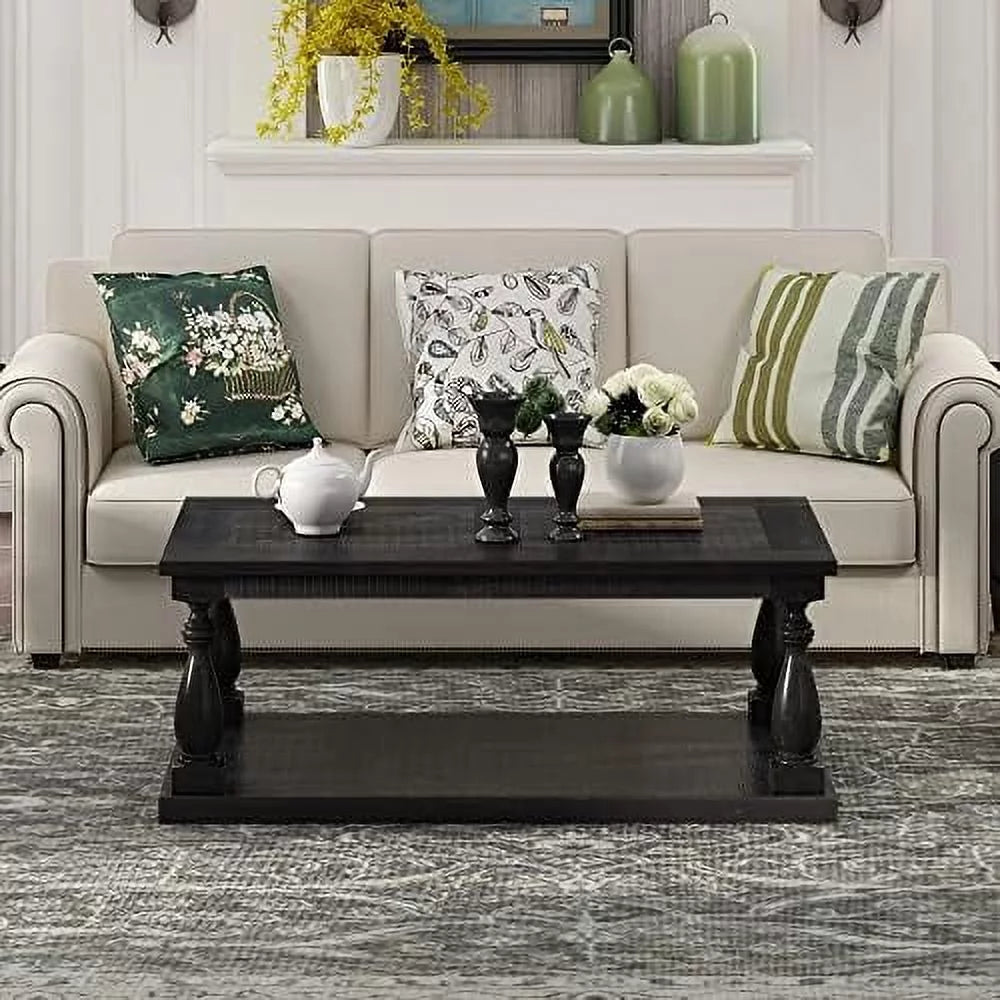 Black Solid Pine Wood Coffee Table with Floor Shelf S406
