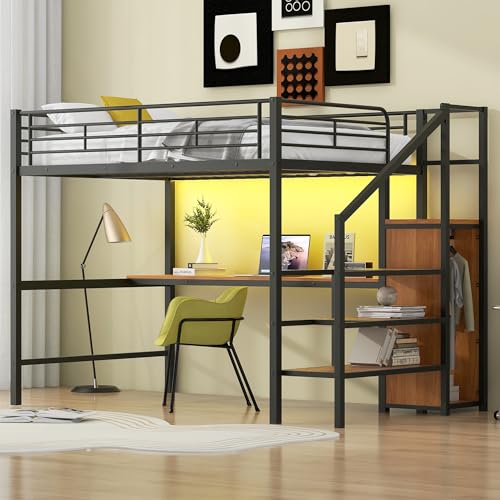 White Queen Loft Bed with Desk and Stairs L45636