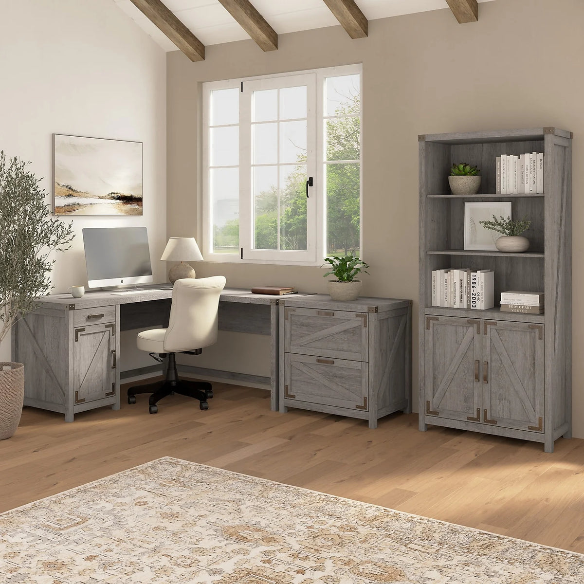 L Shaped Desk with File Cabinet and Bookcase S24747