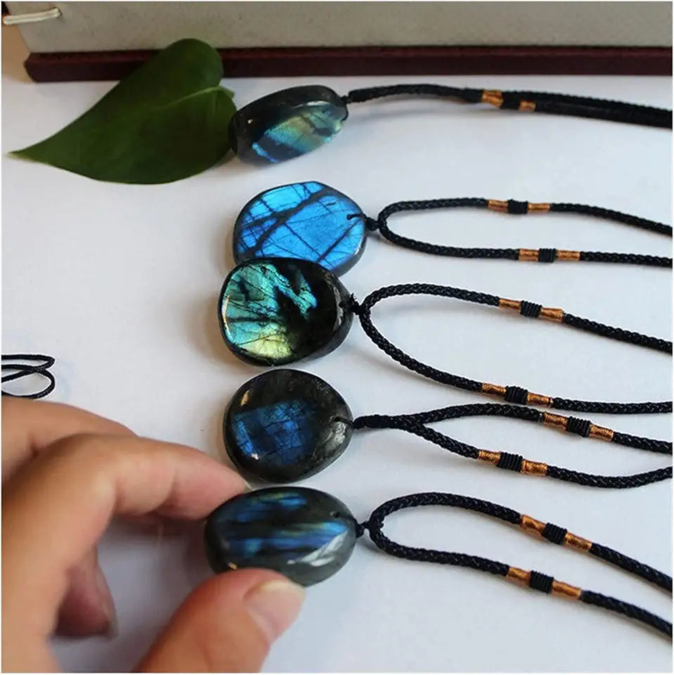 Natural Labradorite Moonstone Polished Drum Stone Quartz Crystal Point Pendant Necklace H107870