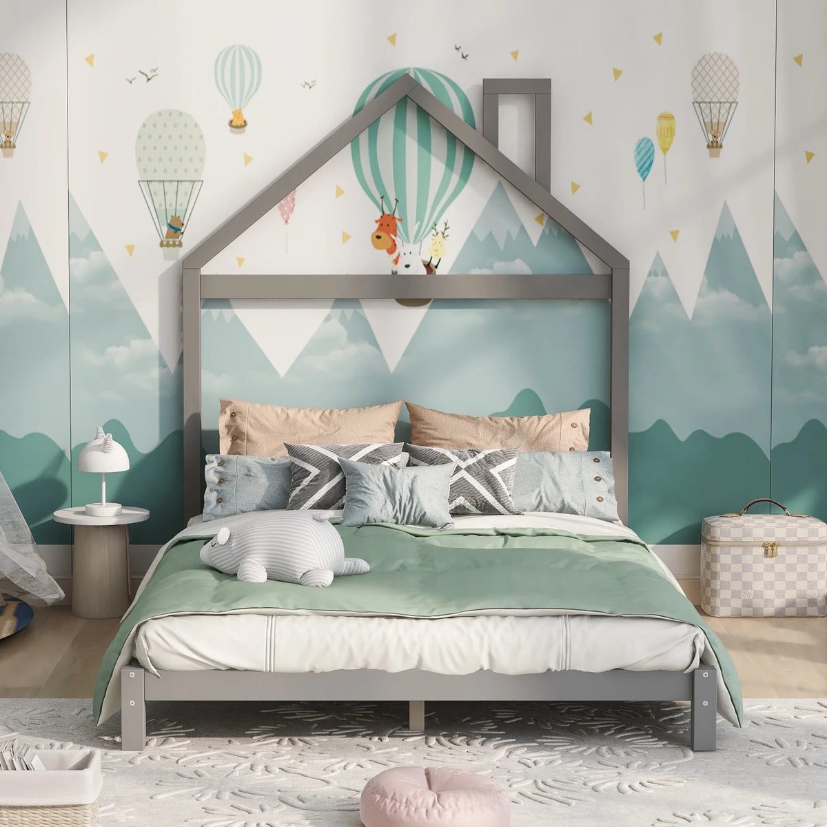 Full Size Gray Wood Platform Bed with House-shaped Headboard S68304