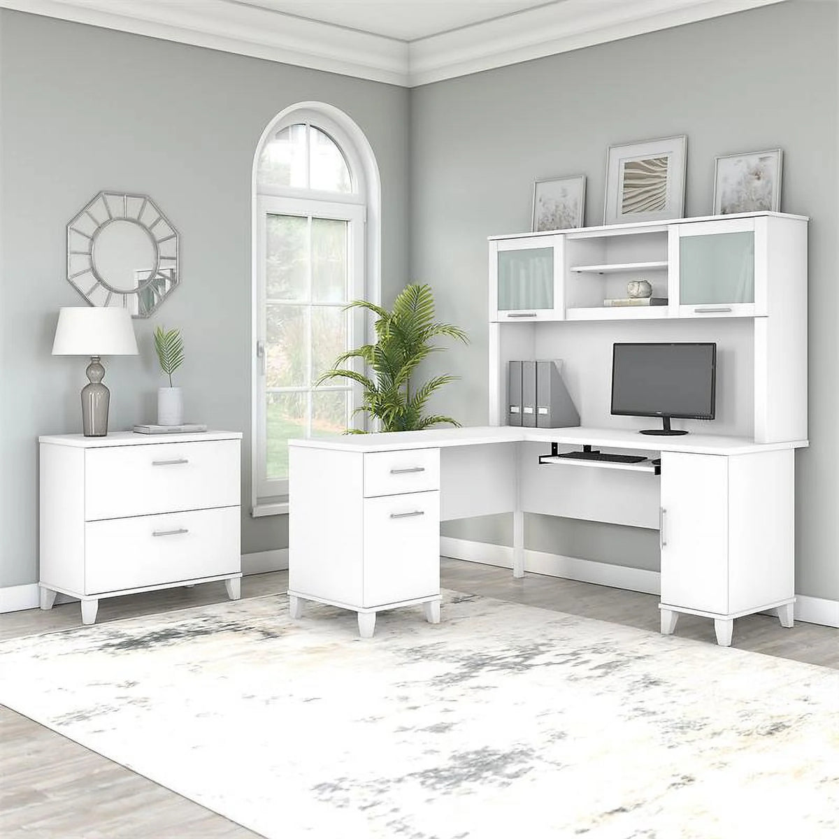 White L Shaped Desk with Hutch & File Cabinet H666213