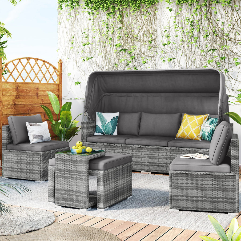 5 Pieces Rattan Sectional Sofa Set with Canopy and Side Table T956593