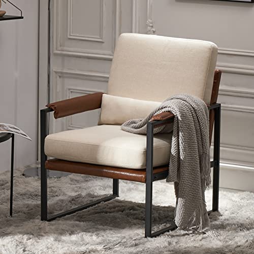 Beige Linen Accent Chair with Metal Legs and Pillow O839