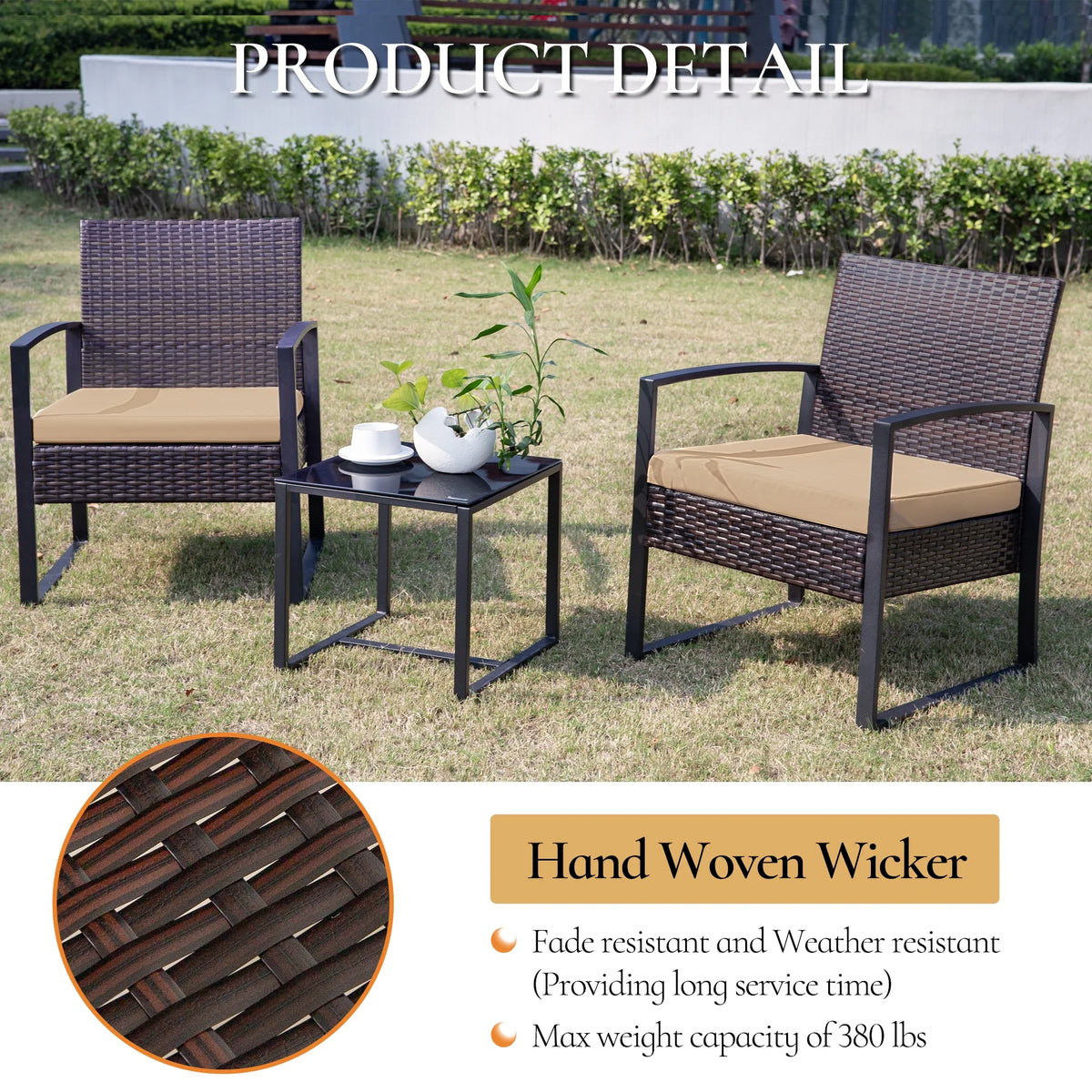 3 Pieces Wicker Patio Furniture Set with Glass Coffee Table T6025