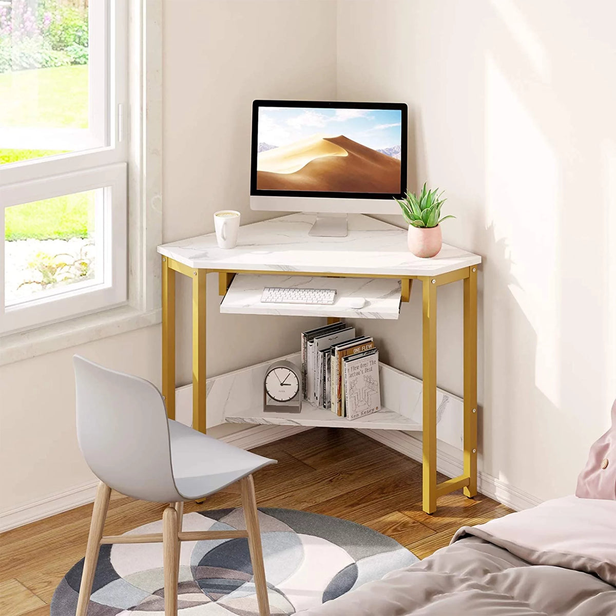 Modern Triangle Corner Computer Desk with Keyboard Tray H73098